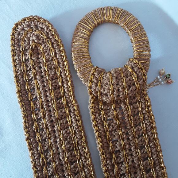 Boho Lux Golden Brown Crochet Belt Medium Waist Jumbro Statement Wrapped Buckle - Picture 6 of 11
